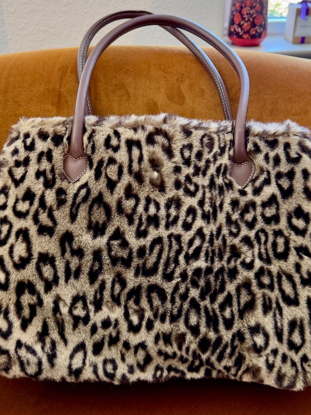 Leopard Print Faux Fur Tote with Brown Handles